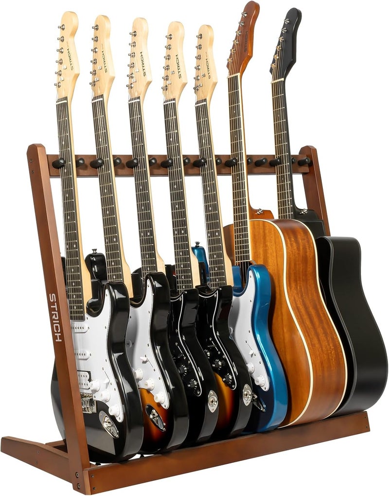 STRICH Guitar Stand for Multiple Guitars, Hardwood Guitar Rack for 8 Electric Guitar Bass, or 5 Acoustic Guitars, Padded Multi Guitar Stand for Home, Studio, SMT-10 (7-Holder) - Image 1